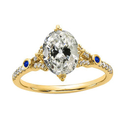Oval Old Mine Cut Real Diamond & Round Ceylon Sapphires Ring 5 Carats