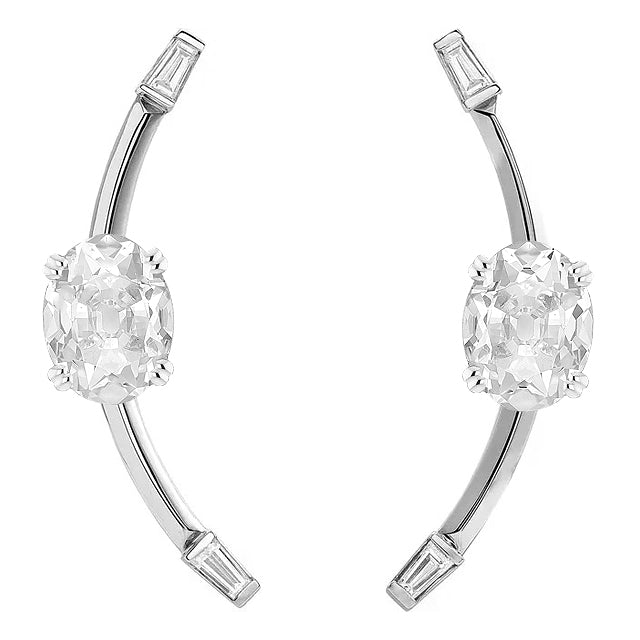 Oval Old Miner & Baguettes Genuine Diamond Drop Earrings White Gold 5 Carats
