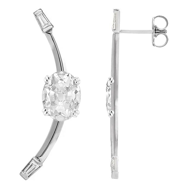Oval Old Miner & Baguettes Genuine Diamond Drop Earrings White Gold 5 Carats