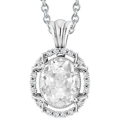 Oval Old Miner & Round Natural Earth Mined Diamond Pendant 7 Carats Slide Chain Milgrain