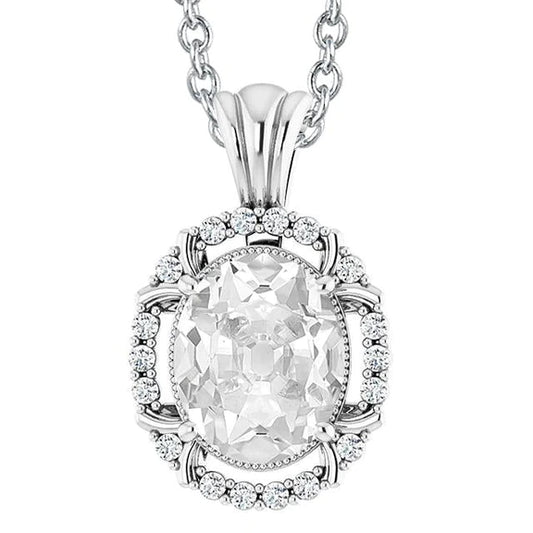 Oval Old Miner & Round Natural Diamond Pendant 7 Carats Slide Chain Milgrain