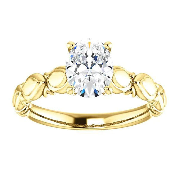 Oval Real Diamond Anniversary Solitaire Ring 1.50 Carats Yellow Gold 14K