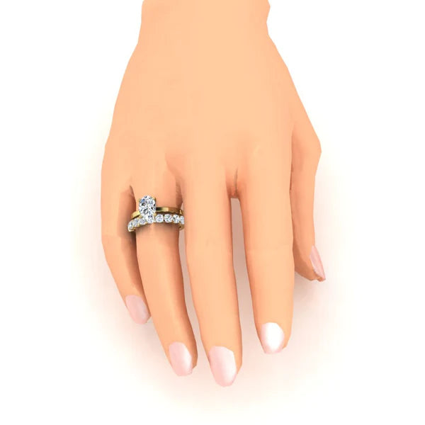 Oval Solitaire Ring & Cushion Cut Real Diamond Band Bridal Set