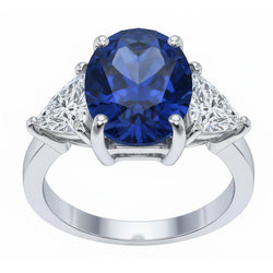 Oval Sri Lanka Sapphire Trillion Natural Earth Mined Diamond ( Not Lab Grown ) s 3 Stone Ring 6.01 Carats