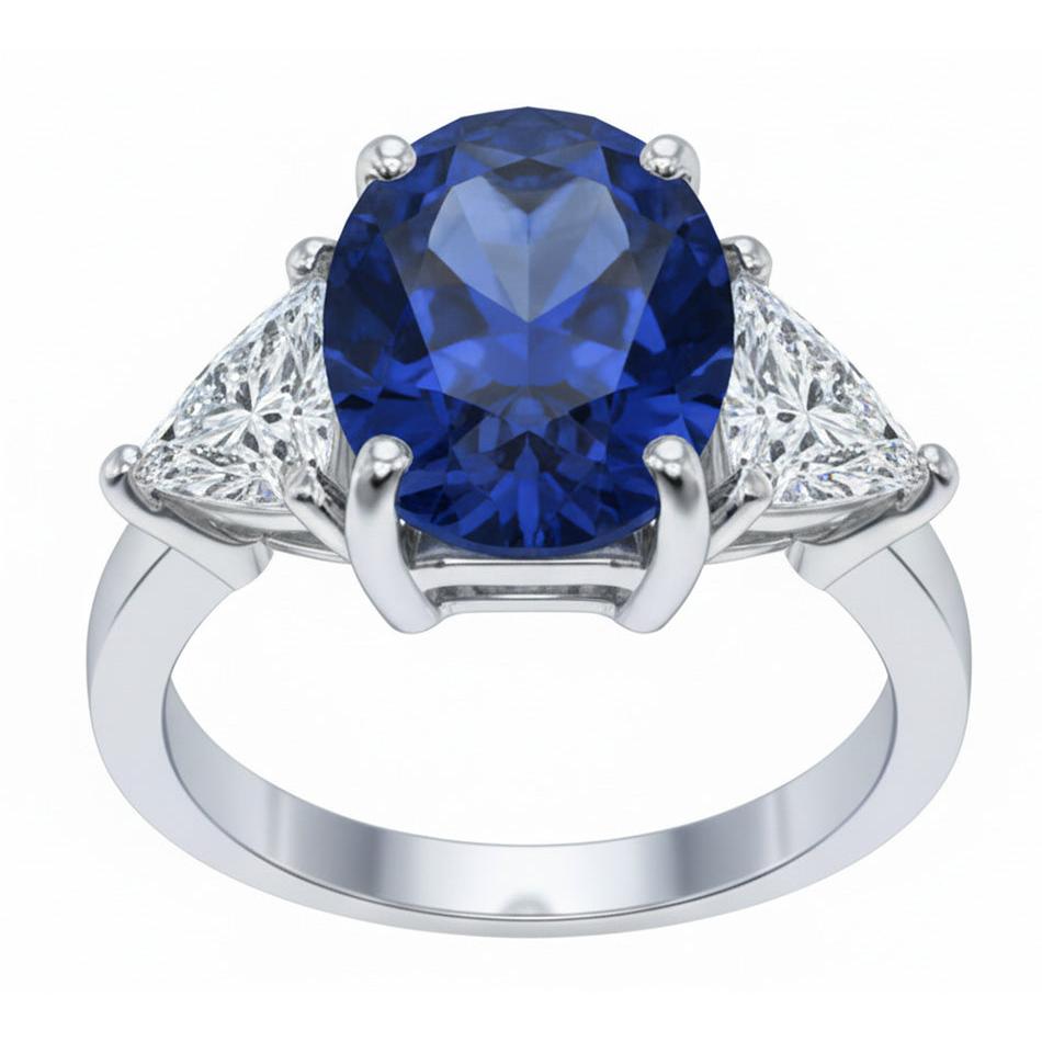 Oval Sri Lanka Sapphire Trillion Natural Earth Mined Diamond ( Not Lab Grown ) s 3 Stone Ring 6.01 Carats