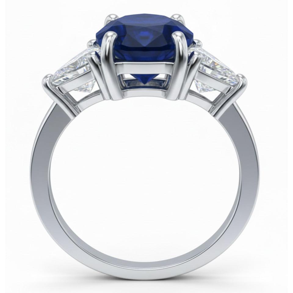 Oval Sri Lanka Sapphire Trillion Natural Earth Mined Diamond ( Not Lab Grown ) s 3 Stone Ring 6.01 Carats