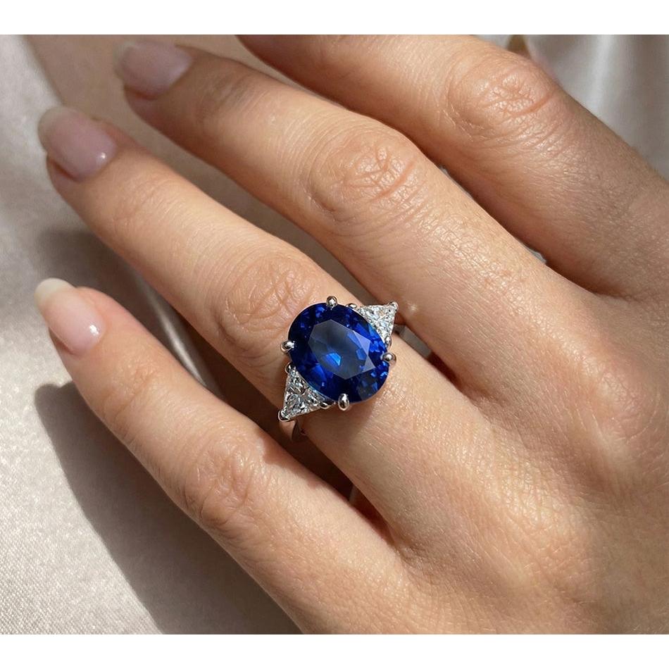 Oval Sri Lanka Sapphire Trillion Natural Earth Mined Diamond ( Not Lab Grown ) s 3 Stone Ring 6.01 Carats