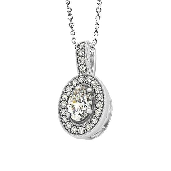 Oval & Round Real Diamond Pendant Necklace 1.50 Carats Without Chain WG 14K