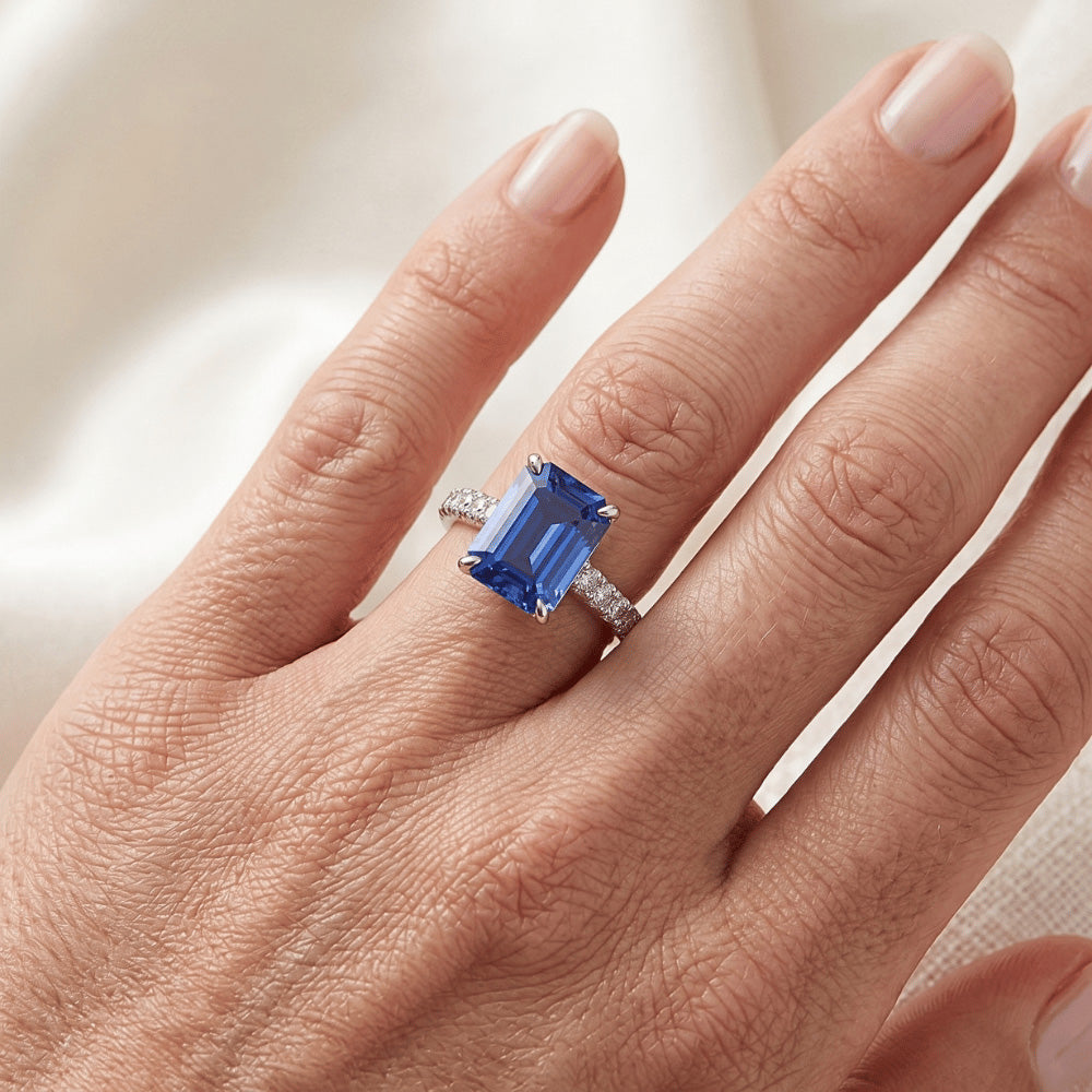 Pave Setting Natural Earth Mined Diamond ( Not Lab Grown ) Ring Emerald Ceylon Sapphire 4.25 Carats