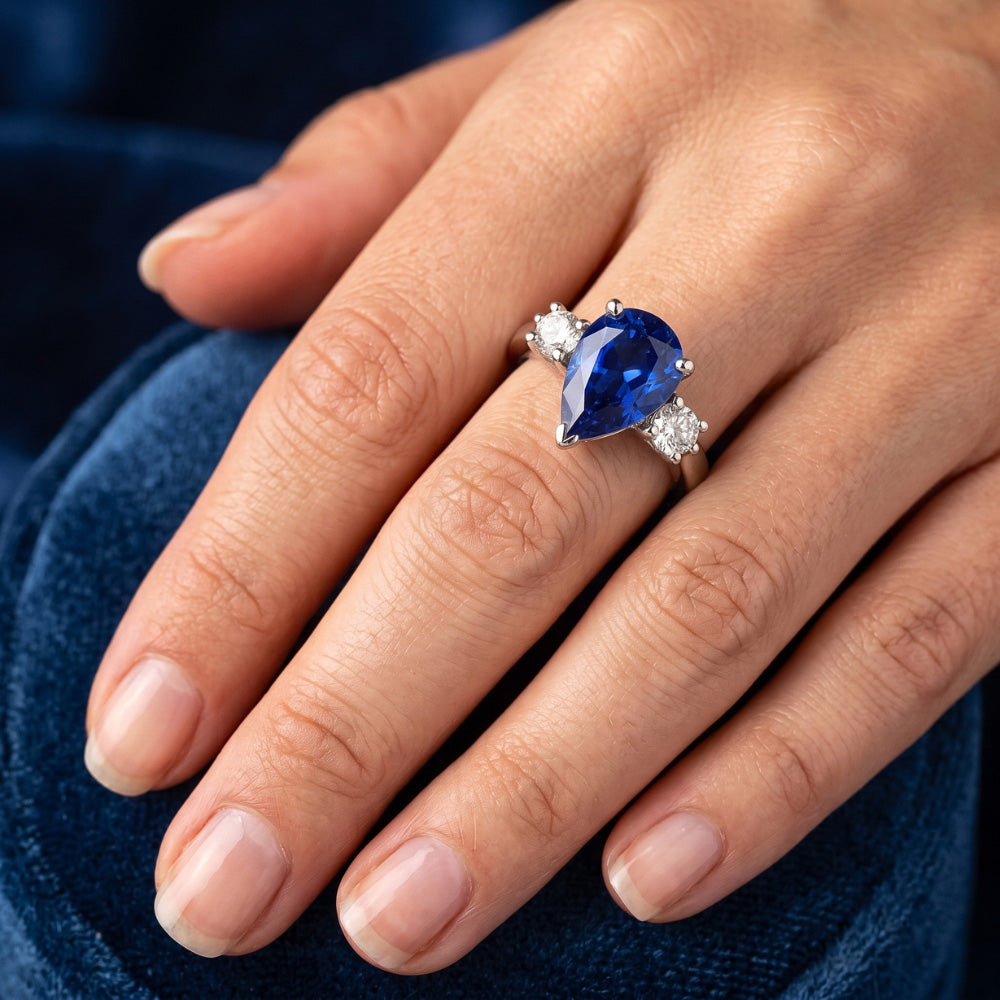 Pear Ceylon Sapphire Natural Earth Mined Diamond ( Not Lab Grown )  White Gold Ring 4.20 Ct Jewelry