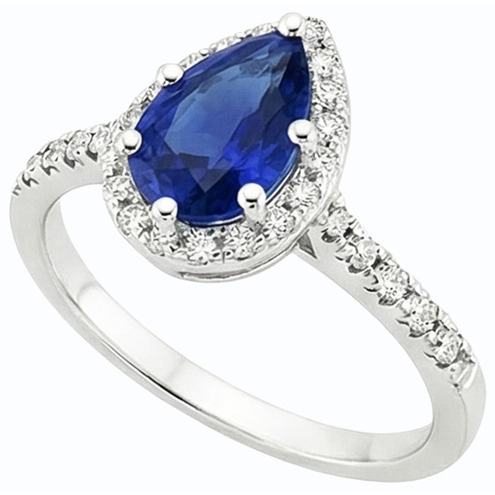 Pear Cut Blue Sapphire & Natural Earth Mined Diamond ( Not Lab Grown ) Halo Ring 3.50 Carats Ladies Jewelry