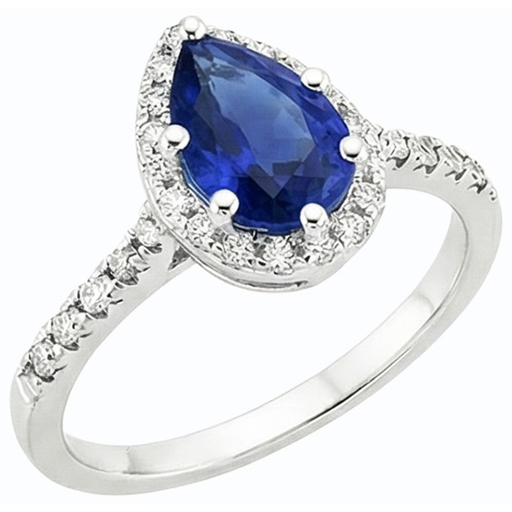 Pear Cut Blue Sapphire & Natural Earth Mined Diamond ( Not Lab Grown ) Halo Ring 3.50 Carats Ladies Jewelry