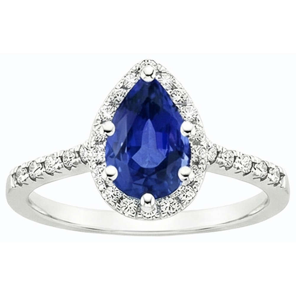 Pear Cut Blue Sapphire & Natural Earth Mined Diamond ( Not Lab Grown ) Halo Ring 3.50 Carats Ladies Jewelry