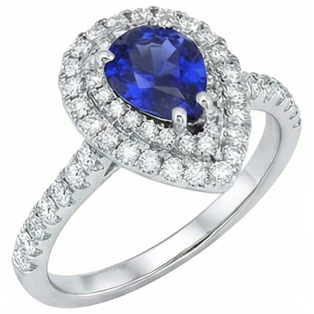 Pear Cut Ceylon Sapphire Natural Earth Mined Diamond ( Not Lab Grown )  Ring White Gold 14K 4 Carats