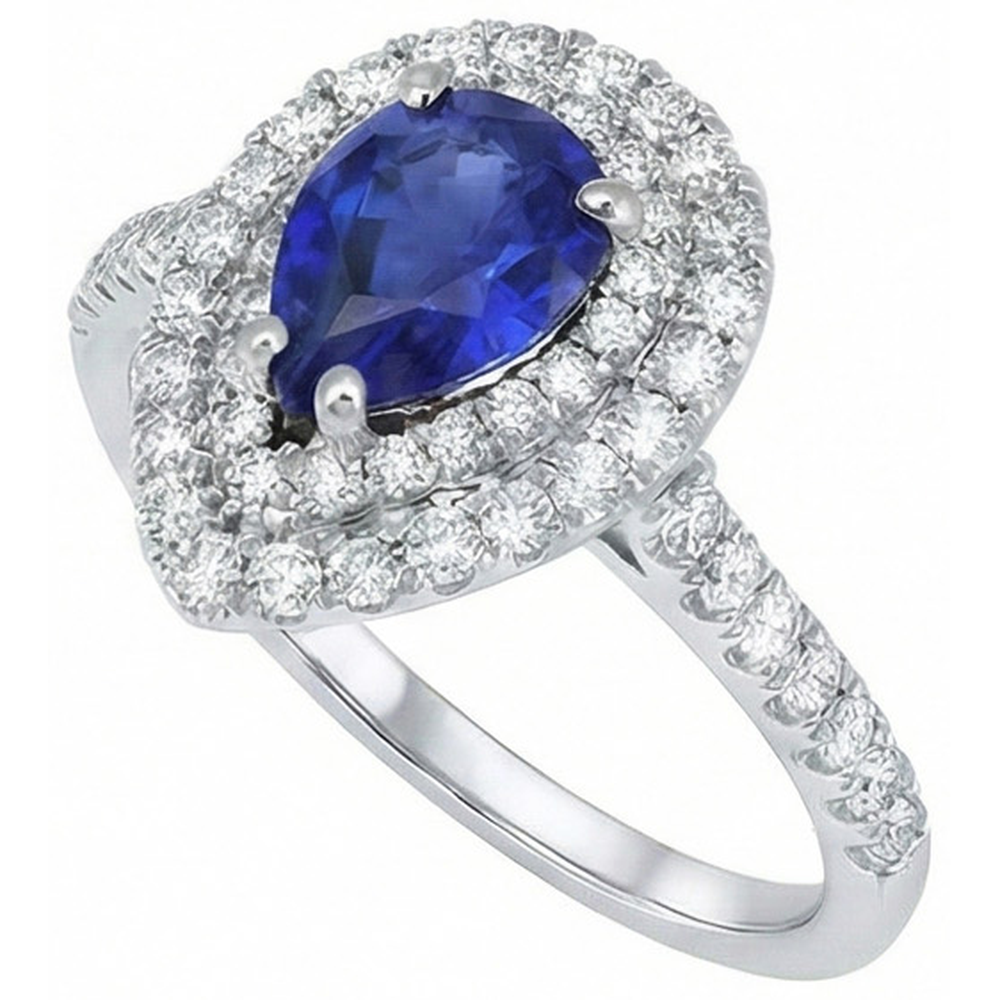 Pear Cut Ceylon Sapphire Natural Earth Mined Diamond ( Not Lab Grown )  Ring White Gold 14K 4 Carats