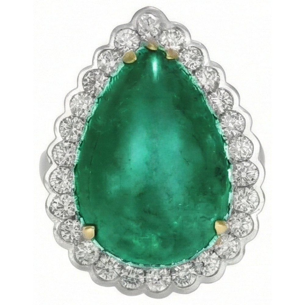 Pear Cut Green Emerald And Round Natural Earth Mined Diamond ( Not Lab Grown ) Engagenent Ring 7.75 Carats