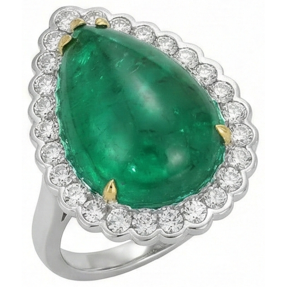 Pear Cut Green Emerald And Round Natural Earth Mined Diamond ( Not Lab Grown ) Engagenent Ring 7.75 Carats
