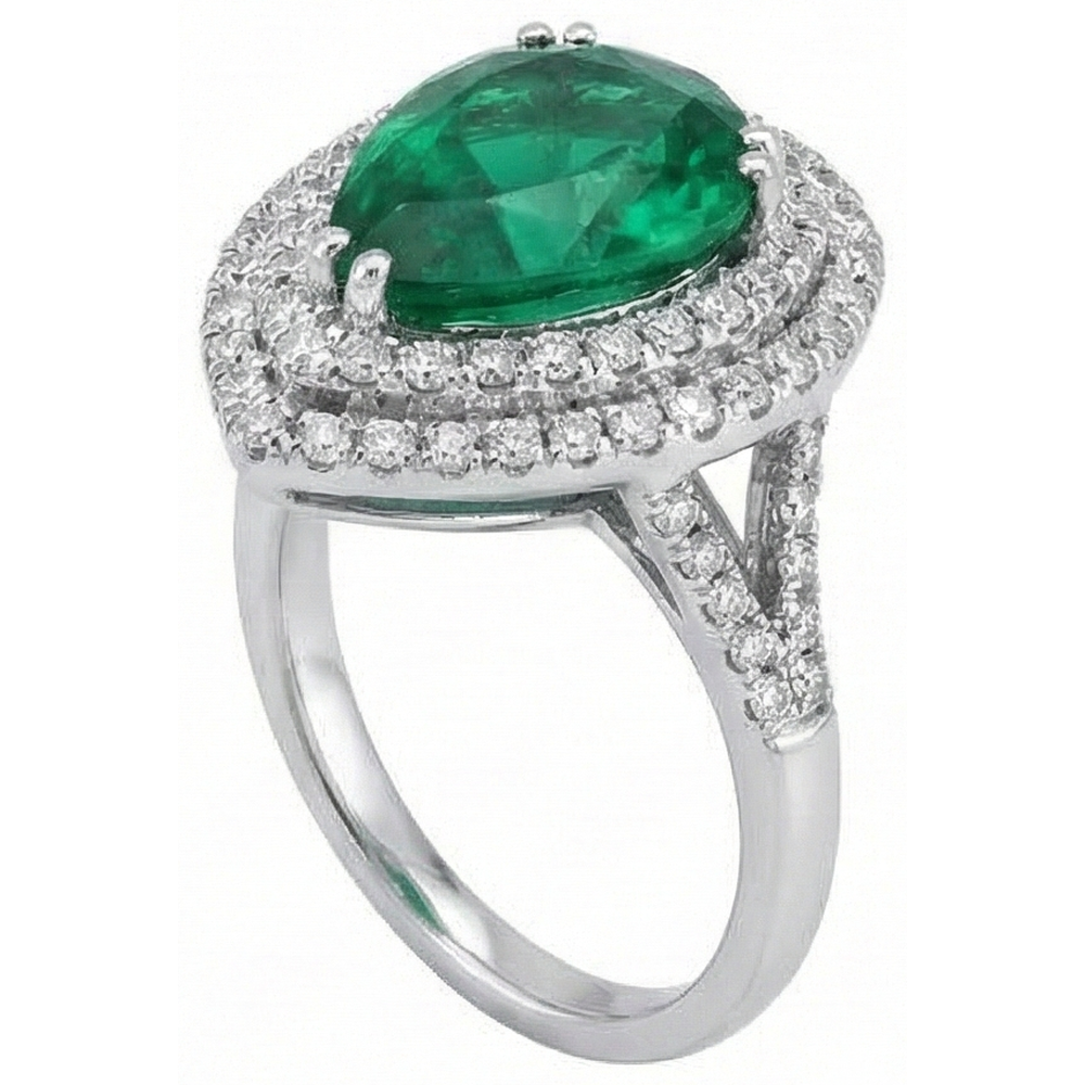 Pear Cut Green Emerald With Halo Round Natural Earth Mined Diamond Wedding Ring 5.50 Ct Gold