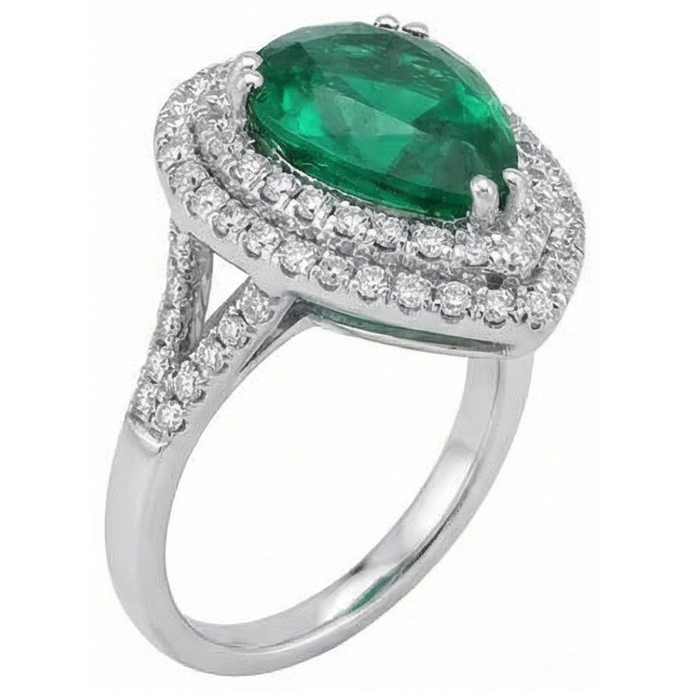 Pear Cut Green Emerald With Halo Round Natural Earth Mined Diamond Wedding Ring 5.50 Ct Gold