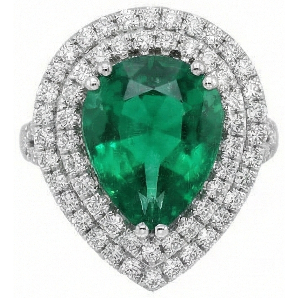 Pear Cut Green Emerald With Halo Round Natural Earth Mined Diamond Wedding Ring 5.50 Ct Gold