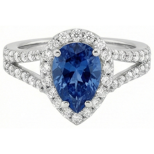 Pear Cut Sri Lankan Sapphire And Round Natural Earth Mined Diamond ( Not Lab Grown )s 4 Carats Ring