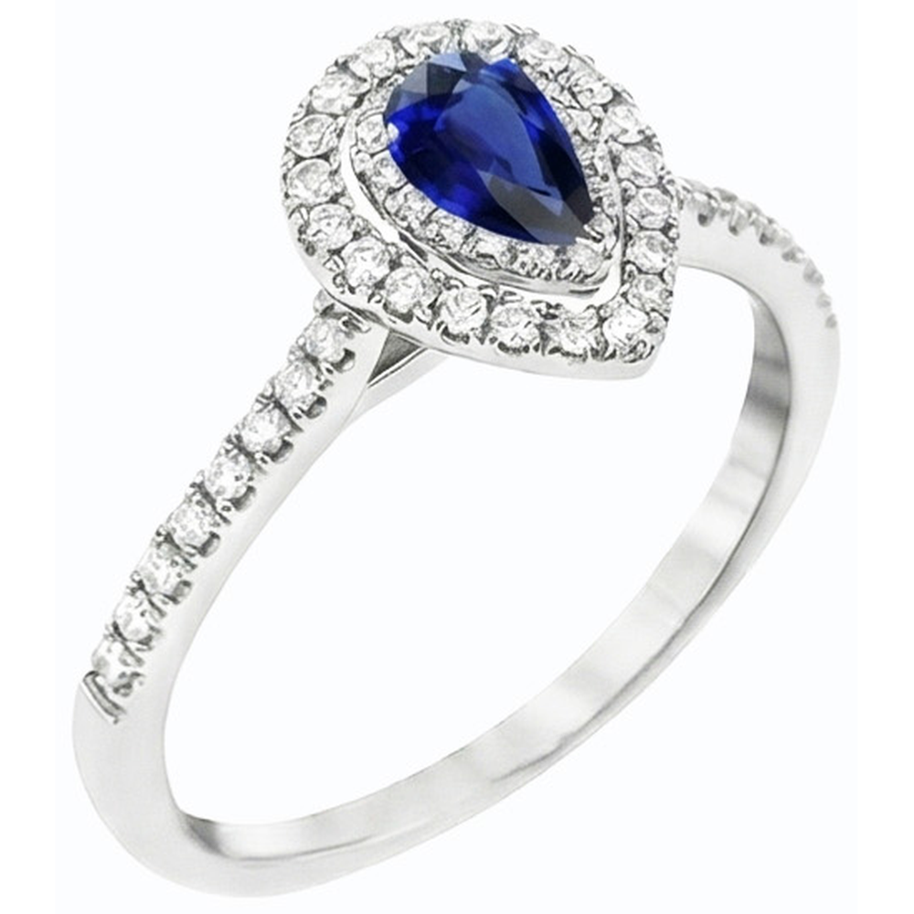 Pear Double Halo Ring Blue Sapphire 14K Gold Natural Earth Mined Diamond ( Not Lab Grown )s 2.50 Carats