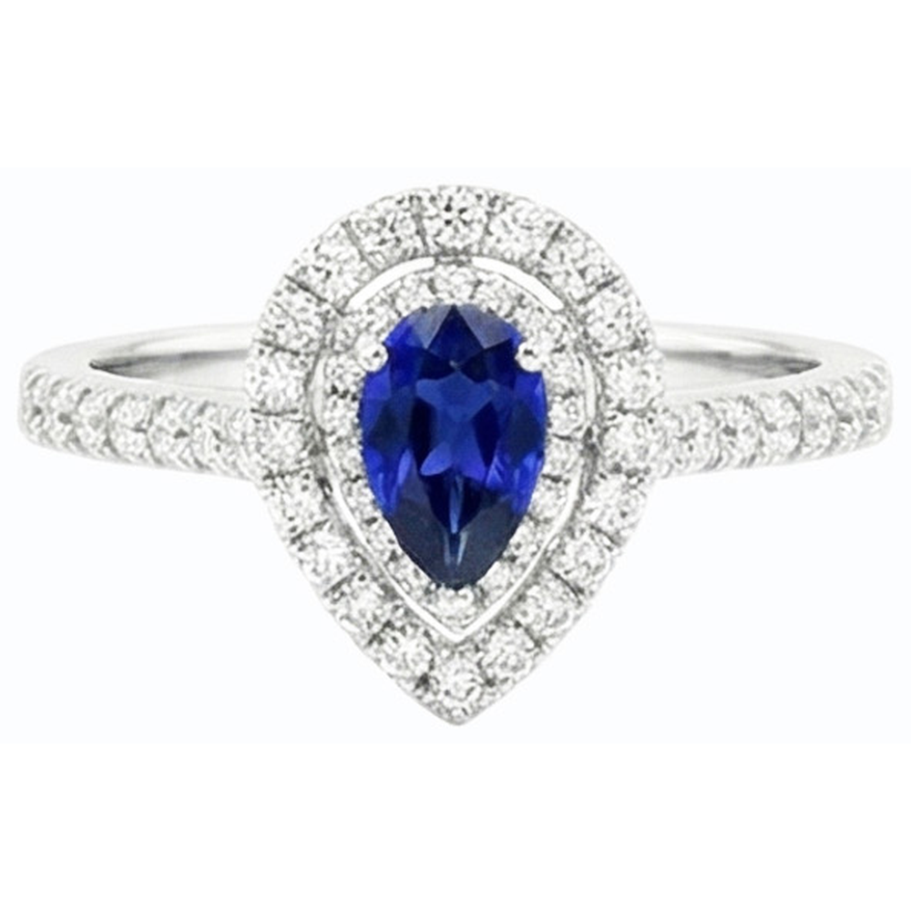 Pear Double Halo Ring Blue Sapphire 14K Gold Natural Earth Mined Diamond ( Not Lab Grown )s 2.50 Carats