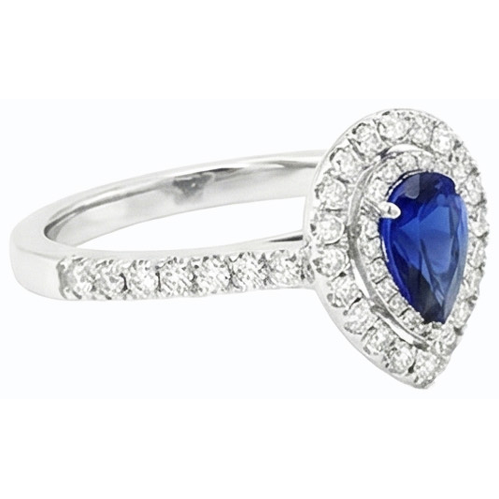 Pear Double Halo Ring Blue Sapphire 14K Gold Natural Earth Mined Diamond ( Not Lab Grown )s 2.50 Carats