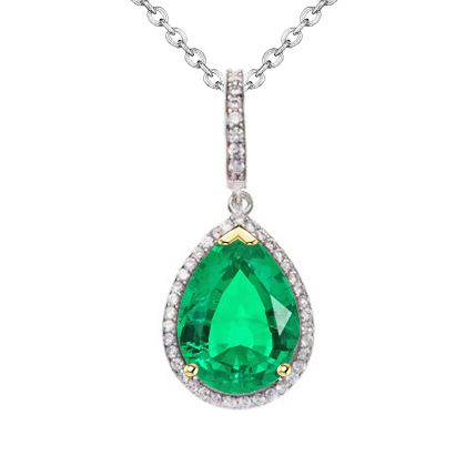 Colombian Emerald Pear Cut Stone Pendant Necklace in 14K Two Tone Gold – main view