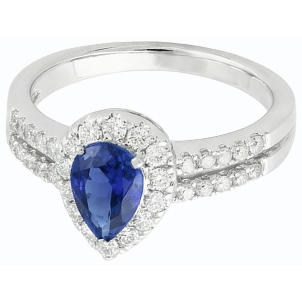 Pear Halo Engagement Ring Ceylon Sapphire Split Shank 4 Carats