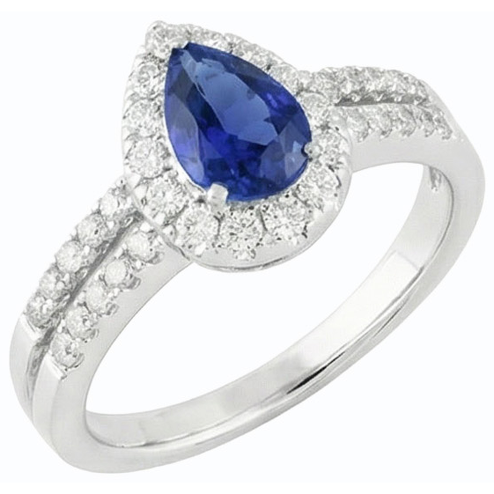 Pear Halo Engagement Ring Ceylon Sapphire Split Shank 4 Carats