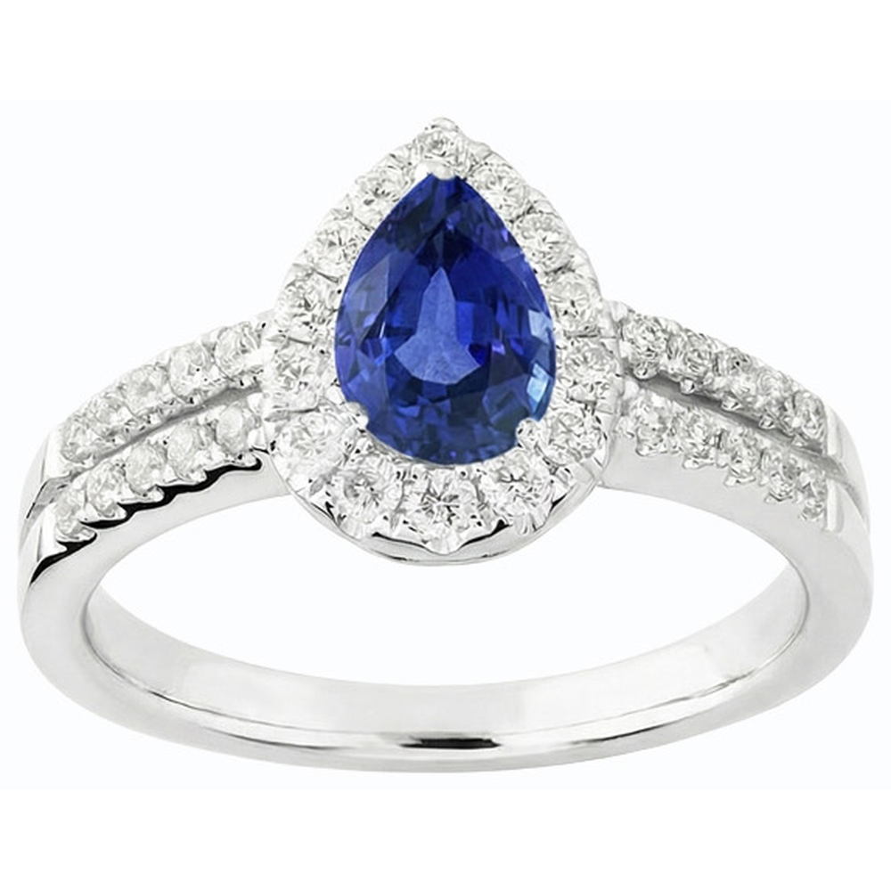 Pear Halo Engagement Ring Ceylon Sapphire Split Shank 4 Carats