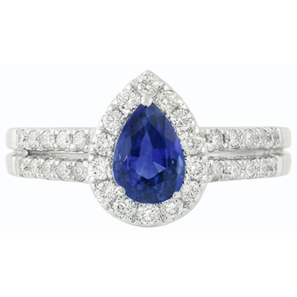 Pear Halo Engagement Ring Ceylon Sapphire Split Shank 4 Carats