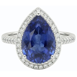 Pear Halo Ring Ceylon Sapphire Jewelry With Accents 4 Carats Gold