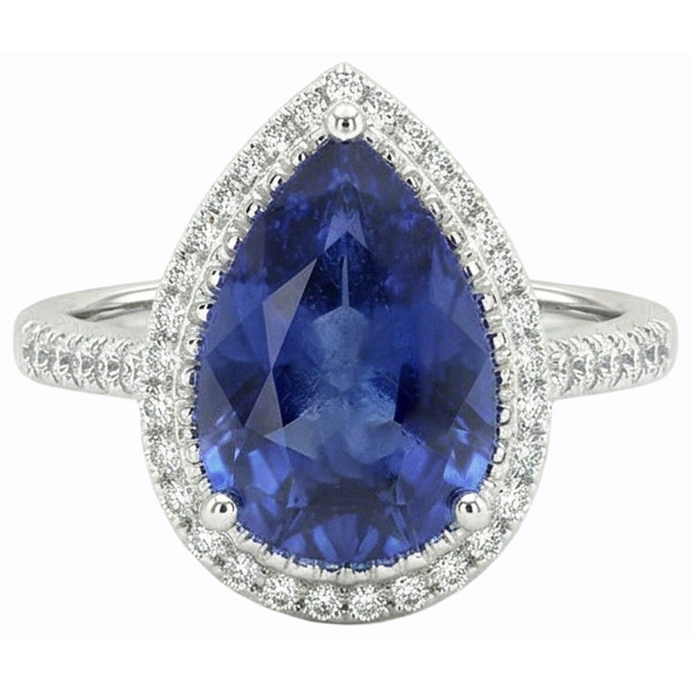 Pear Halo Ring Ceylon Sapphire Jewelry With Accents 4 Carats Gold