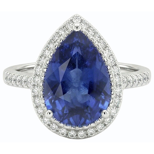 Pear Halo Ring Ceylon Sapphire Jewelry With Accents 4 Carats Gold
