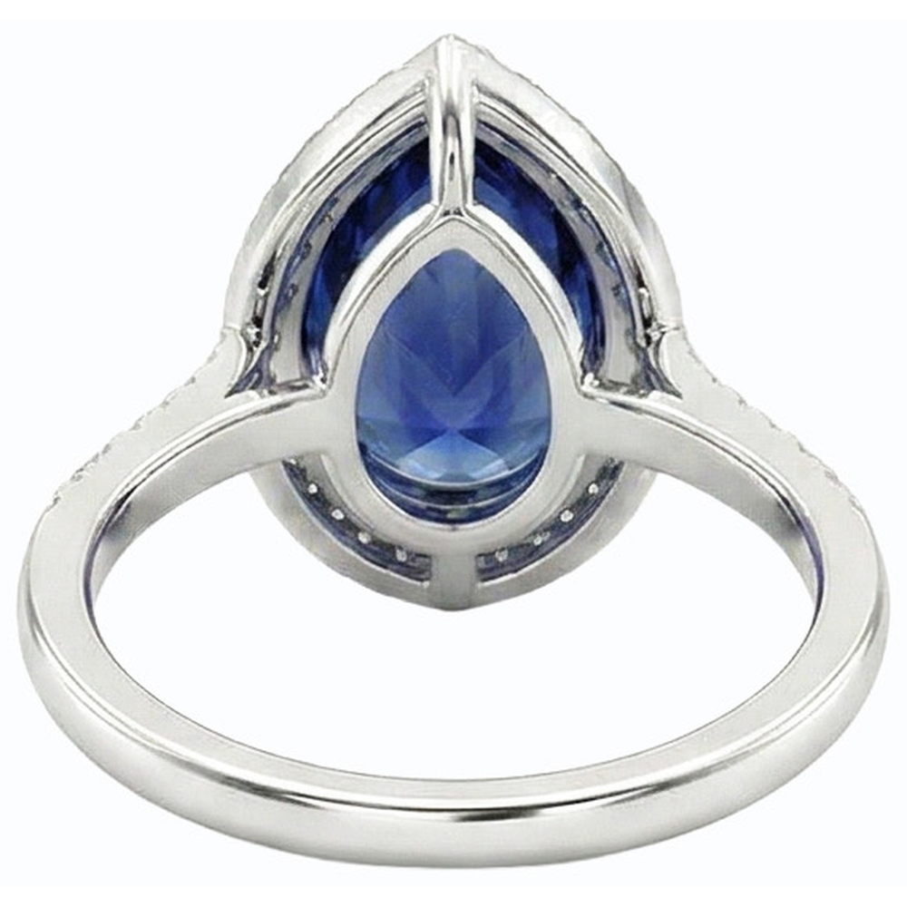 Pear Halo Ring Ceylon Sapphire Jewelry With Accents 4 Carats Gold