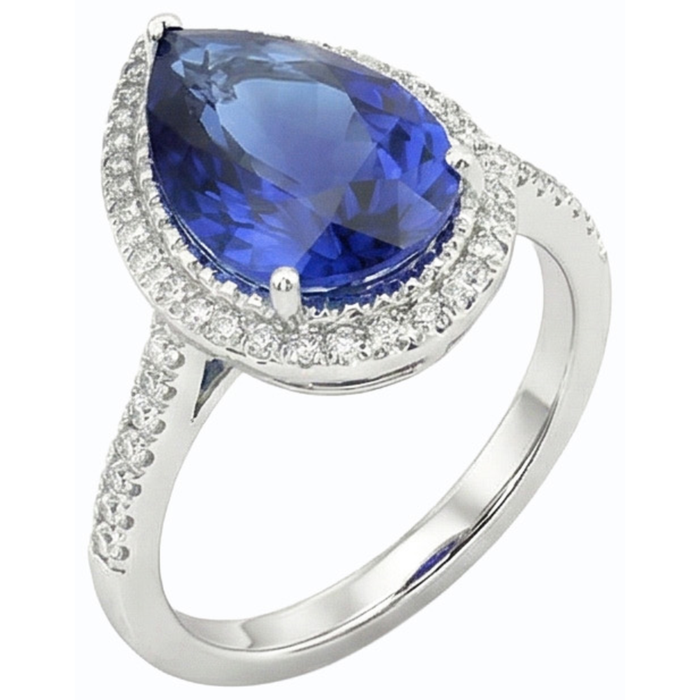 Pear Halo Ring Ceylon Sapphire Jewelry With Accents 4 Carats Gold