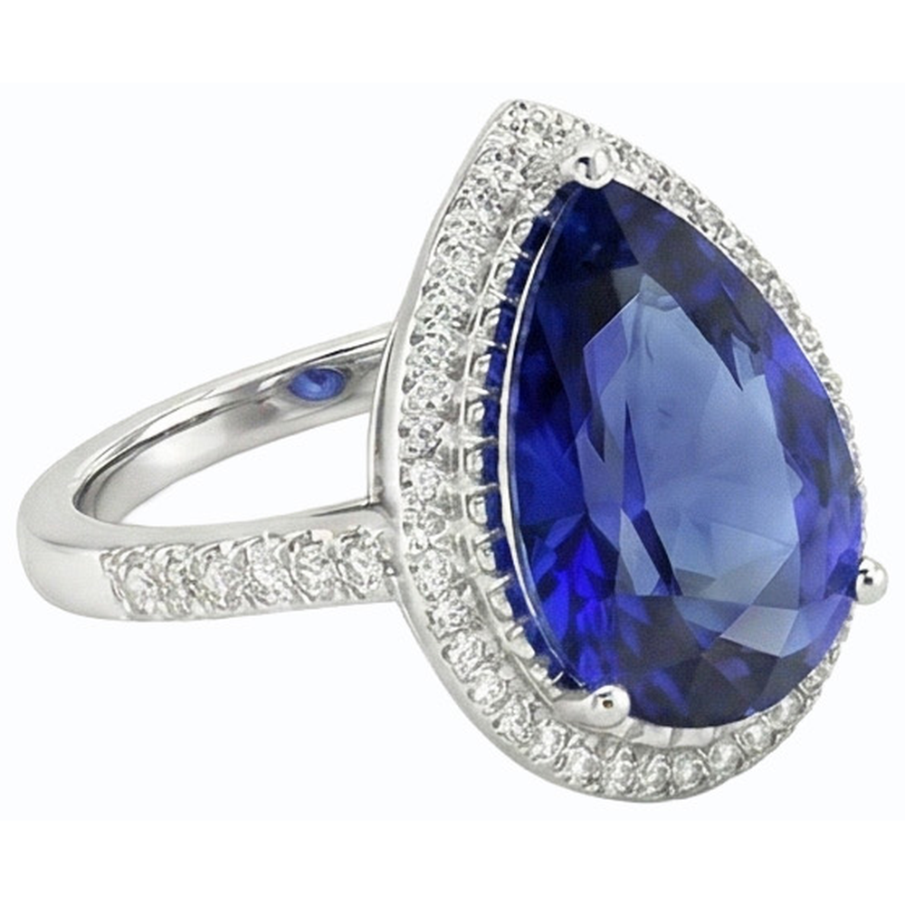 Pear Halo Ring Ceylon Sapphire Jewelry With Accents 4 Carats Gold