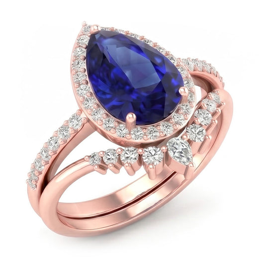 Pear Halo Wedding Ring Set Deep Blue Sapphire & Natural Earth Mined Diamond ( Not Lab Grown )s 4.50 Carats