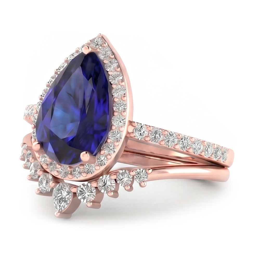 Pear Halo Wedding Ring Set Deep Blue Sapphire & Natural Earth Mined Diamond ( Not Lab Grown )s 4.50 Carats