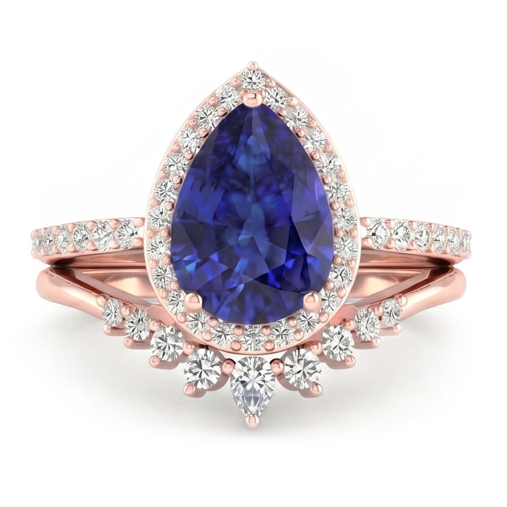 Pear Halo Wedding Ring Set Deep Blue Sapphire & Natural Earth Mined Diamond ( Not Lab Grown )s 4.50 Carats