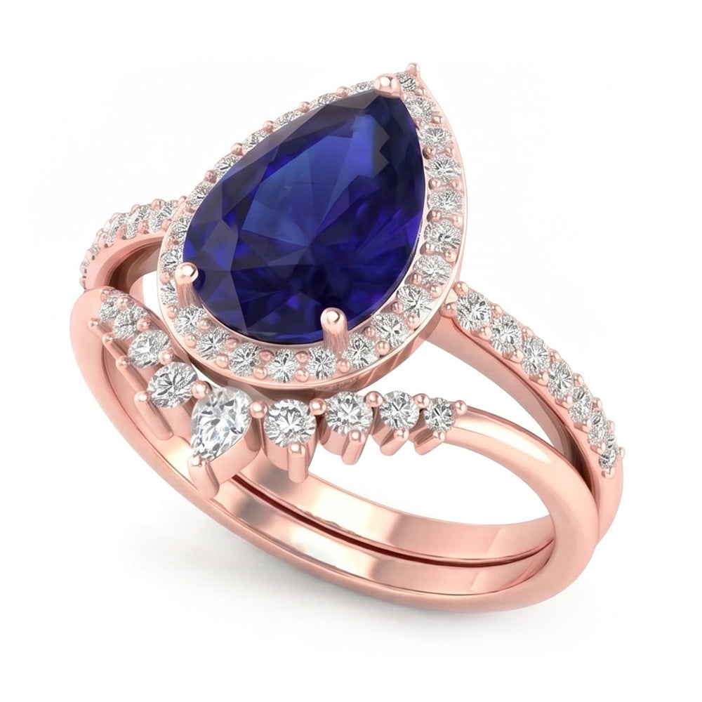 Pear Halo Wedding Ring Set Deep Blue Sapphire & Natural Earth Mined Diamond ( Not Lab Grown )s 4.50 Carats