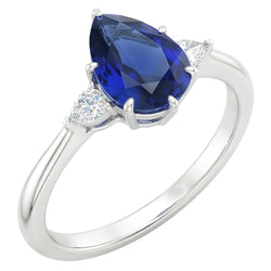 Pear Natural Earth Mined Diamond ( Not Lab Grown ) 3 Stone Blue Sapphire Ring 1.75 Carats Tapered Shank Gold