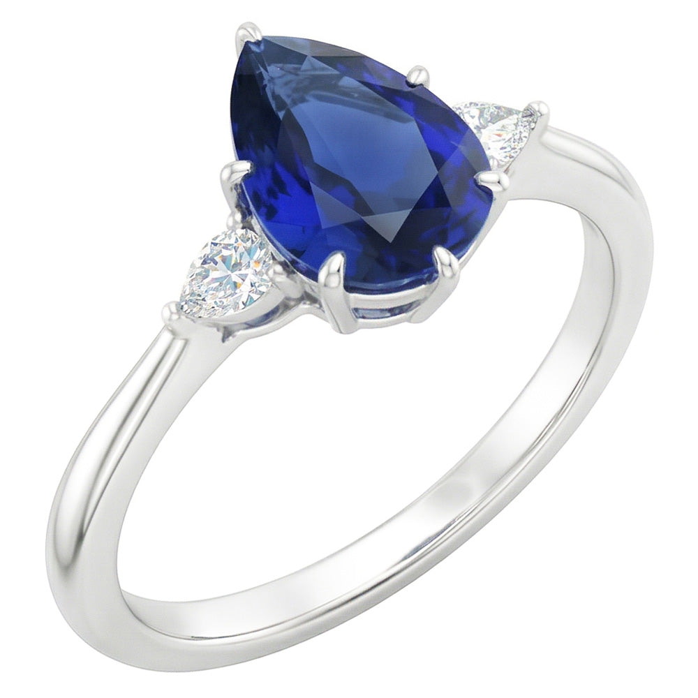 Pear Natural Earth Mined Diamond ( Not Lab Grown ) 3 Stone Blue Sapphire Ring 1.75 Carats Tapered Shank Gold
