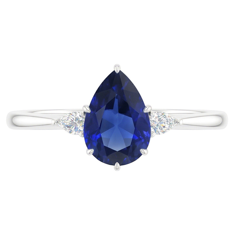 Pear Natural Earth Mined Diamond ( Not Lab Grown ) 3 Stone Blue Sapphire Ring 1.75 Carats Tapered Shank Gold