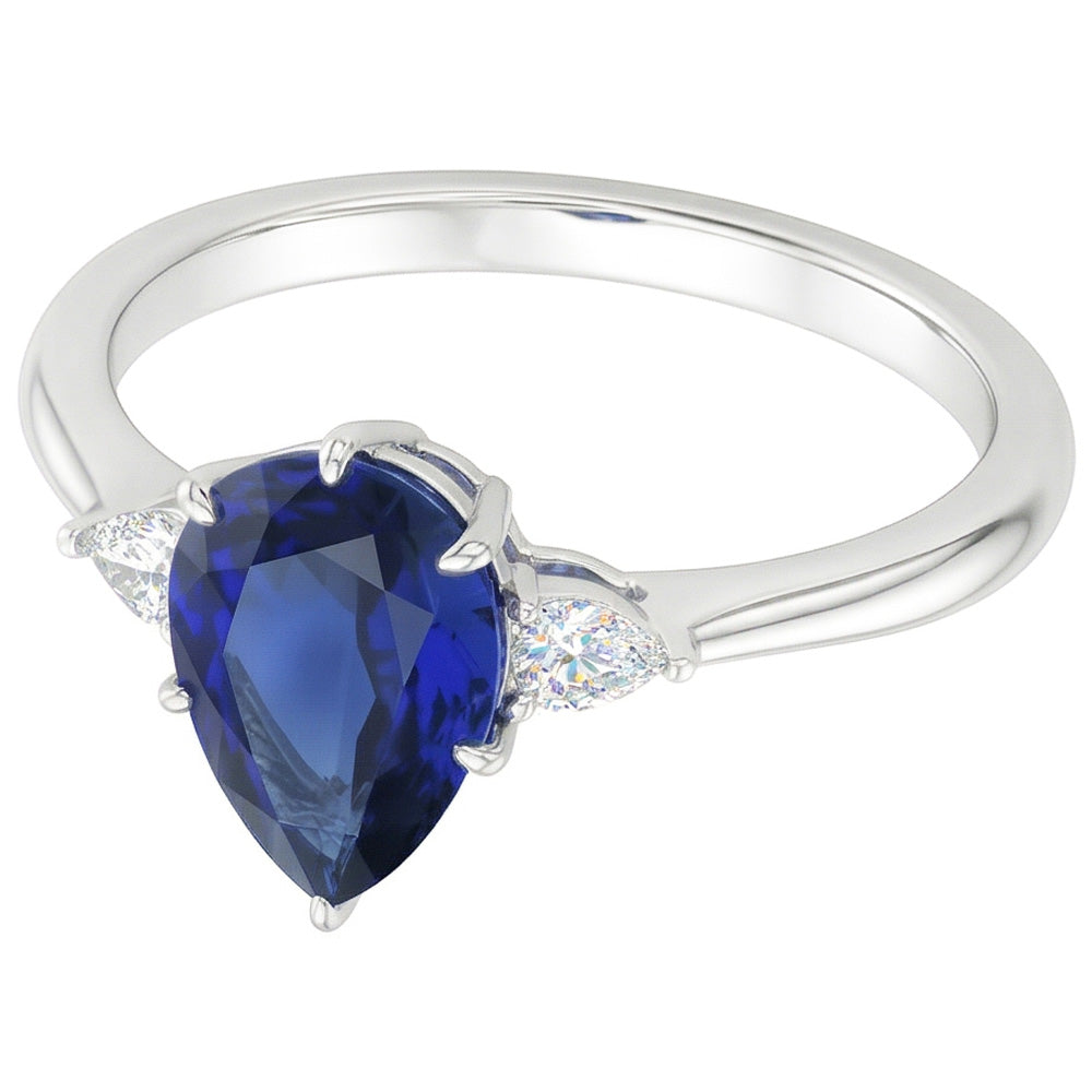 Pear Natural Earth Mined Diamond ( Not Lab Grown ) 3 Stone Blue Sapphire Ring 1.75 Carats Tapered Shank Gold
