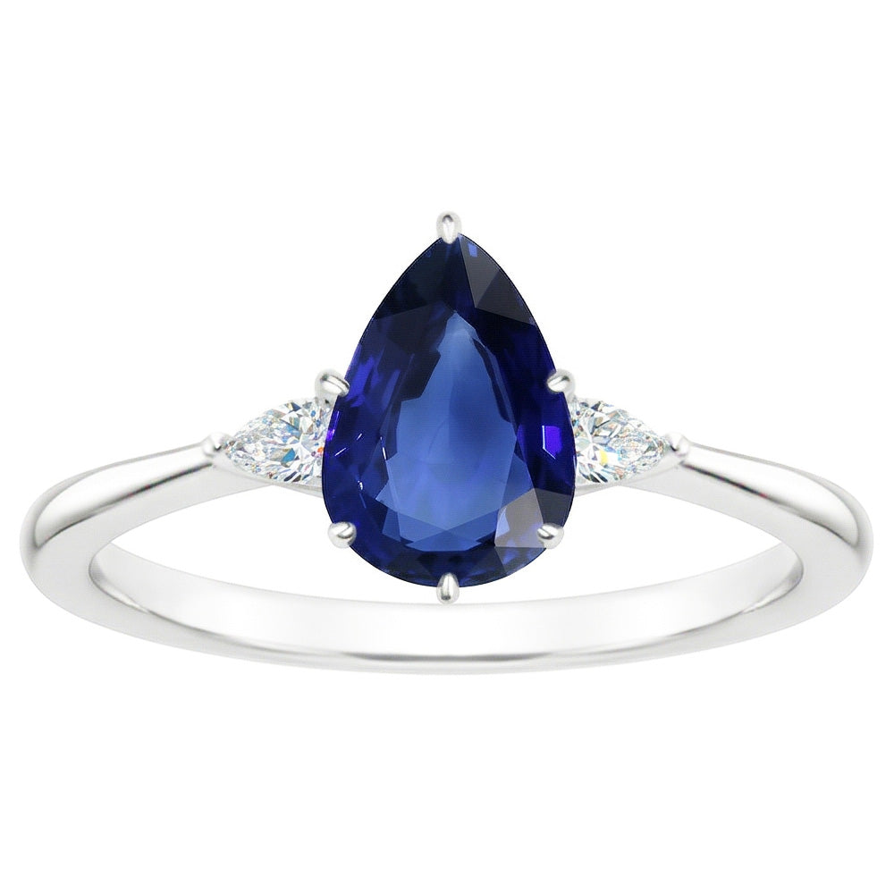 Pear Natural Earth Mined Diamond ( Not Lab Grown ) 3 Stone Blue Sapphire Ring 1.75 Carats Tapered Shank Gold