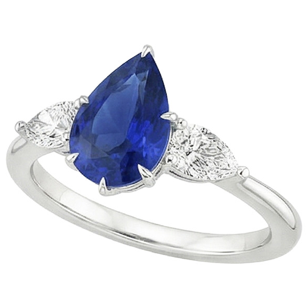 Pear Natural Earth Mined Diamond ( Not Lab Grown ) Anniversary Ring 3 Stone Blue Sapphire Prongs 4.50 Carats
