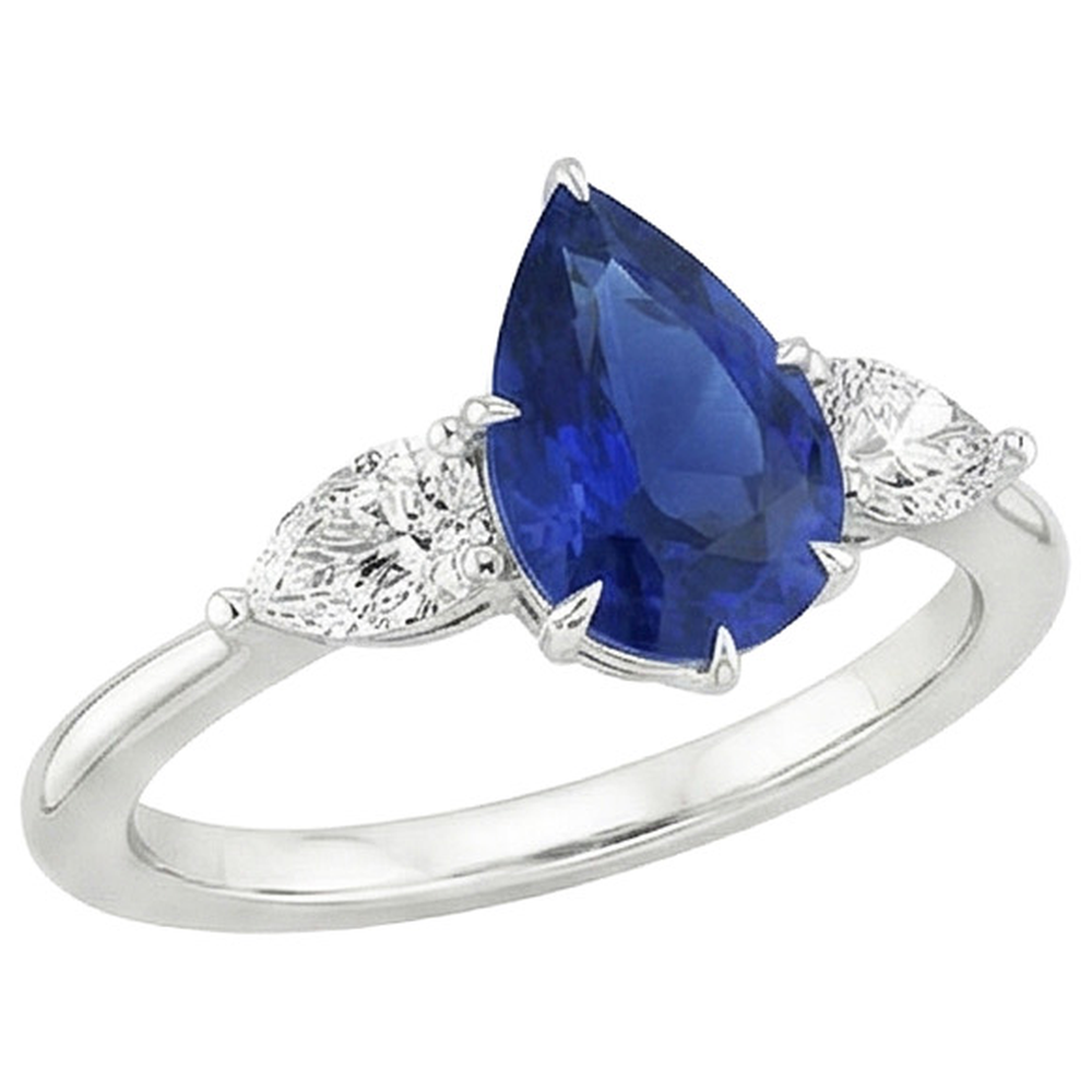 Pear Natural Earth Mined Diamond ( Not Lab Grown ) Anniversary Ring 3 Stone Blue Sapphire Prongs 4.50 Carats